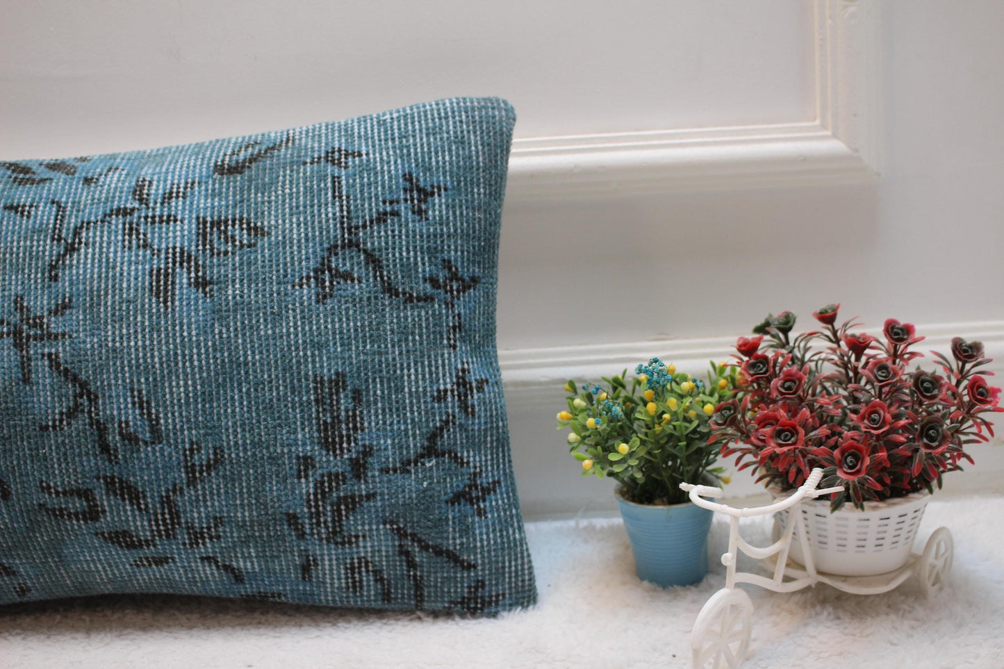 Blue Anatolian Rug Pillow Cover: Handmade Turkish Kilim, 12x20 inc