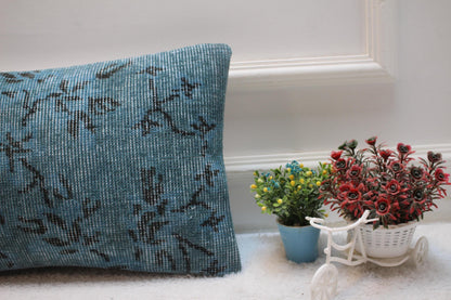 Blue Anatolian Rug Pillow Cover: Handmade Turkish Kilim, 12x20 inc