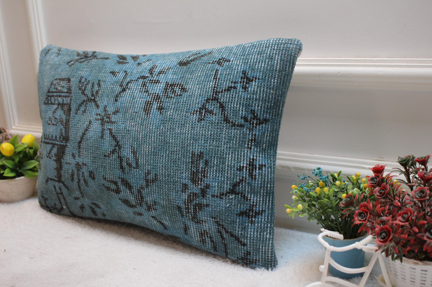 Blue Anatolian Rug Pillow Cover: Handmade Turkish Kilim, 12x20 inc