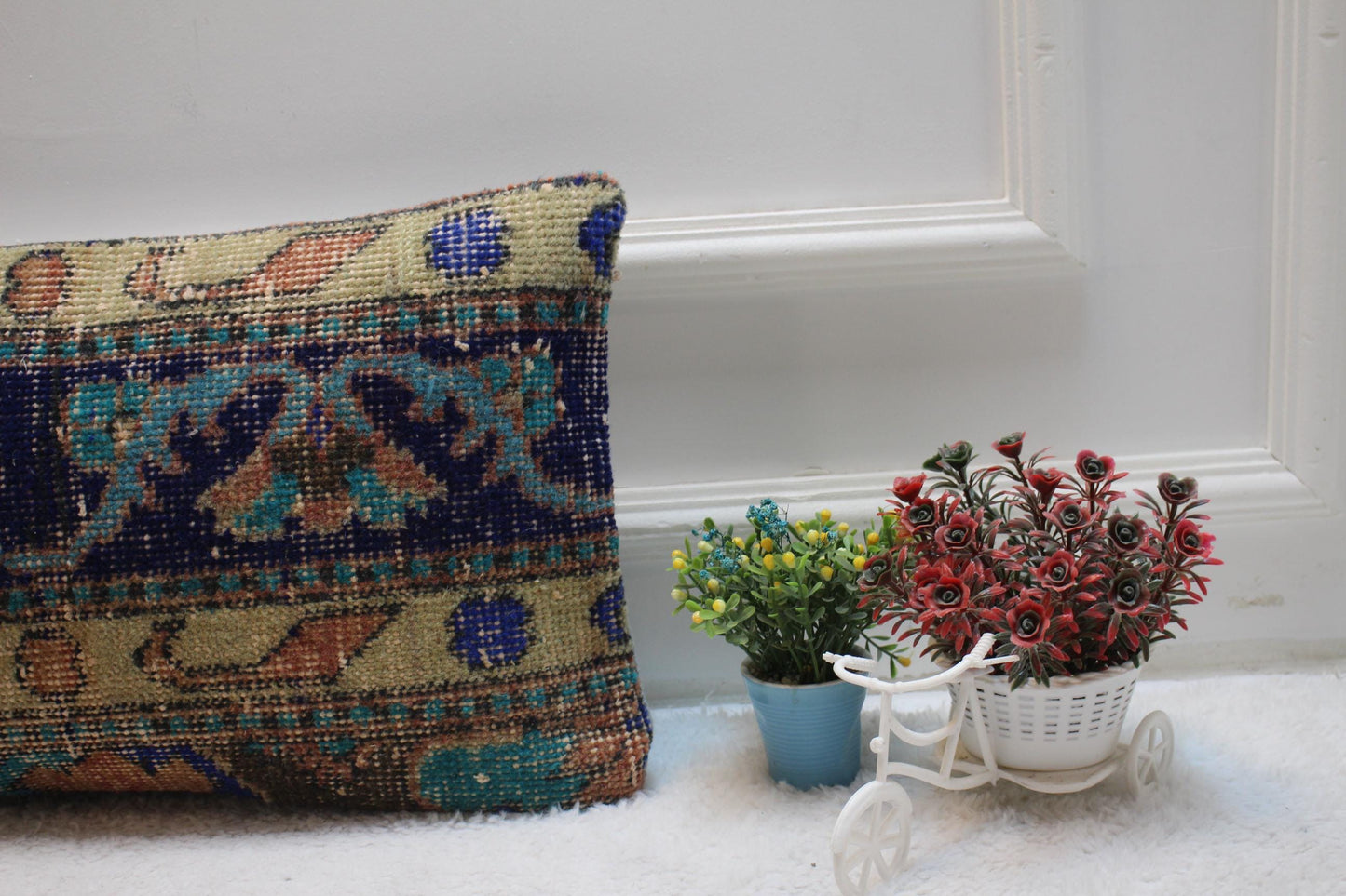 Floral Anatolian Rug Pillow Cover: Blue Bedroom Decor (12x20 in)