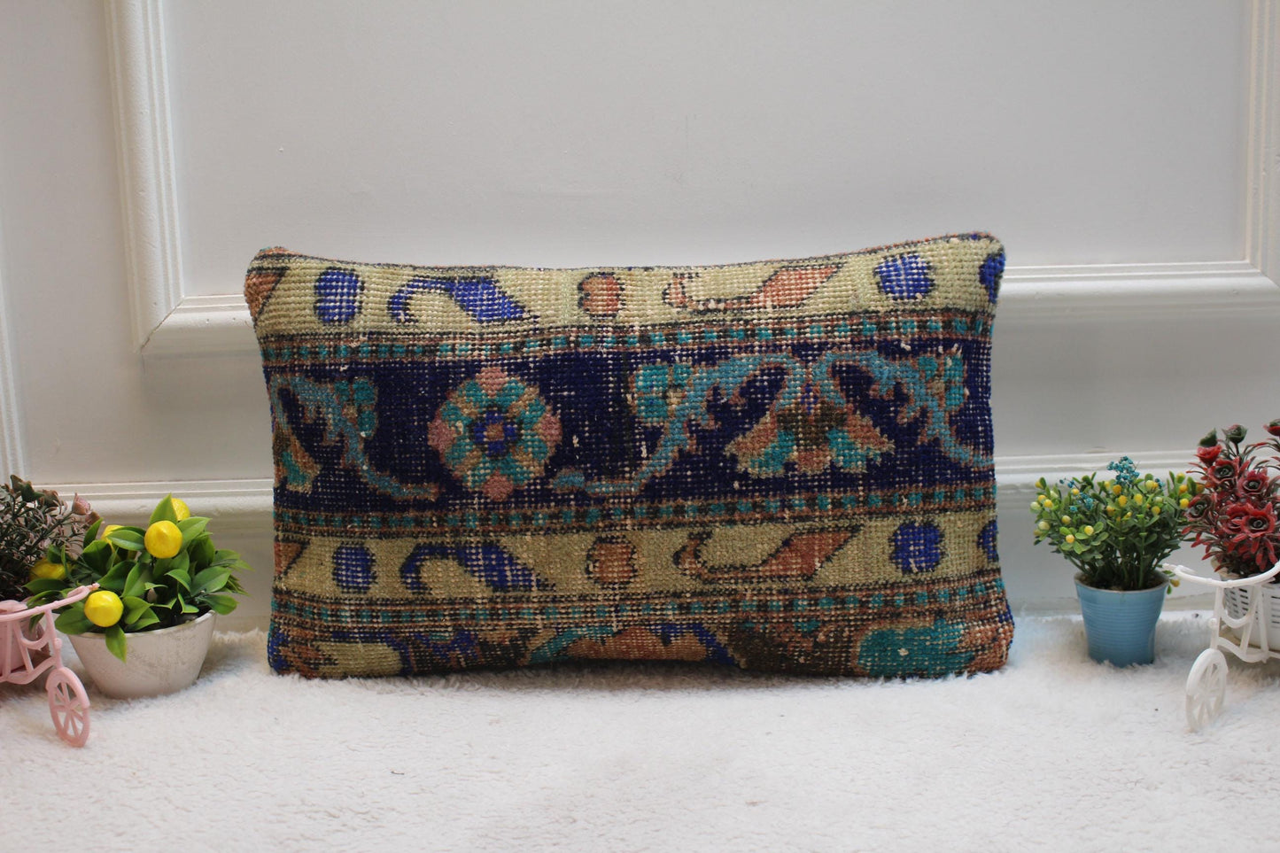 Floral Anatolian Rug Pillow Cover: Blue Bedroom Decor (12x20 in)