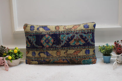 Floral Anatolian Rug Pillow Cover: Blue Bedroom Decor (12x20 in)