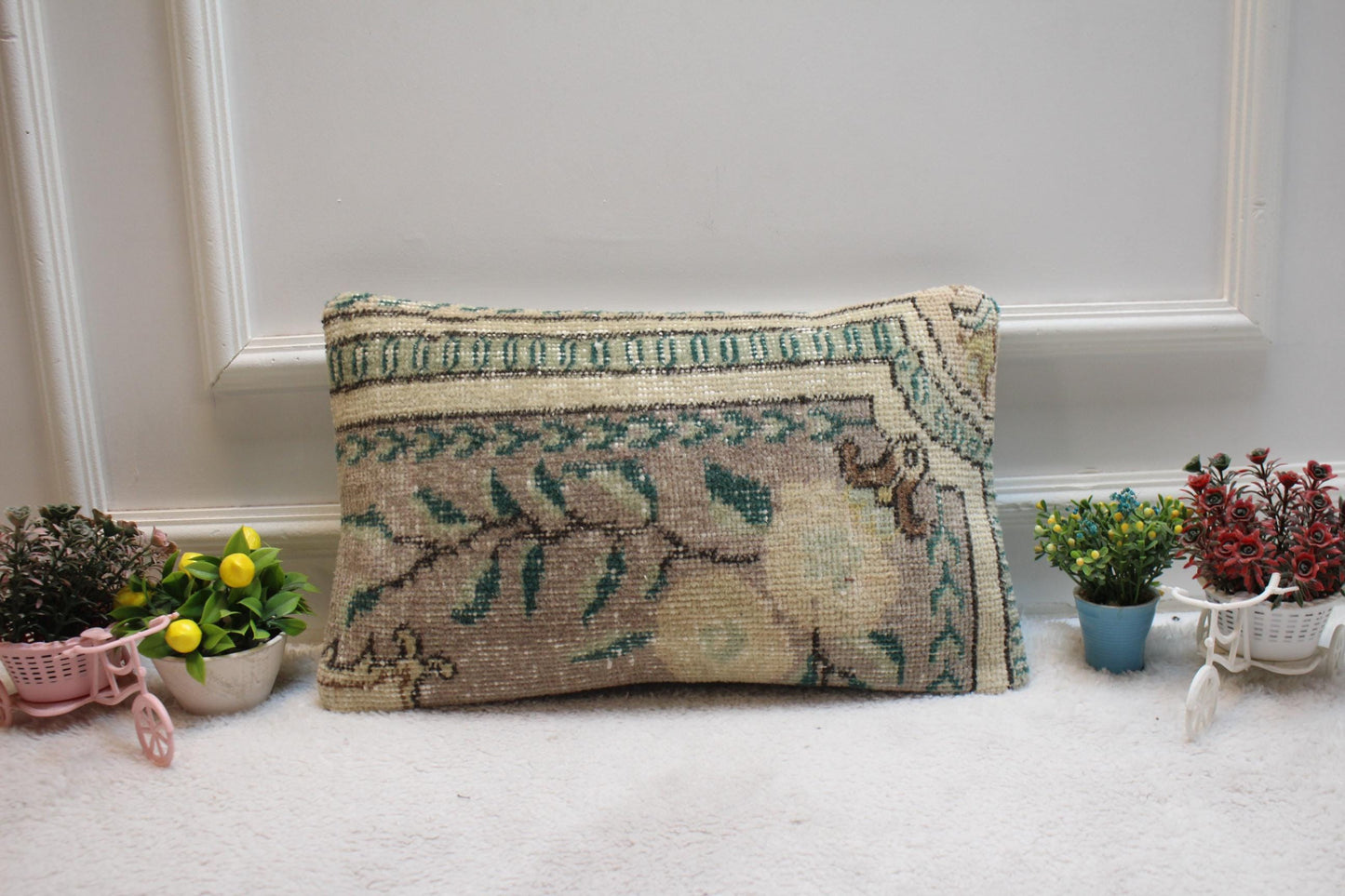 Floral Wool Lumbar Pillow Cover: Upcycled Turkish Rug, 12x20 inch
