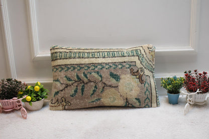 Floral Wool Lumbar Pillow Cover: Upcycled Turkish Rug, 12x20 inch
