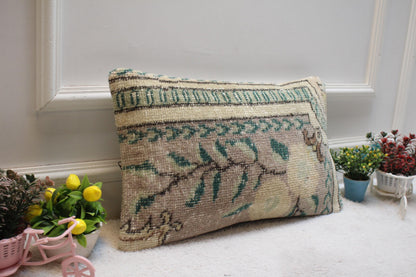 Floral Wool Lumbar Pillow Cover: Upcycled Turkish Rug, 12x20 inch