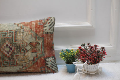 Handmade Anatolian Rug Lumbar Pillow Cover: Red Beige Boho Throw (12x20 in)
