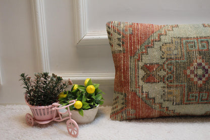 Handmade Anatolian Rug Lumbar Pillow Cover: Red Beige Boho Throw (12x20 in)
