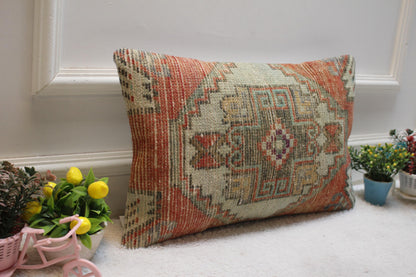 Handmade Anatolian Rug Lumbar Pillow Cover: Red Beige Boho Throw (12x20 in)