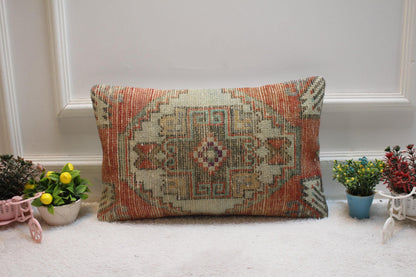 Handmade Anatolian Rug Lumbar Pillow Cover: Red Beige Boho Throw (12x20 in)