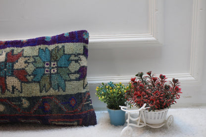 Floral Turkish Rug Lumbar Pillow Cover: Handmade Wool Pillow (12x20 inc)