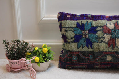 Floral Turkish Rug Lumbar Pillow Cover: Handmade Wool Pillow (12x20 inc)