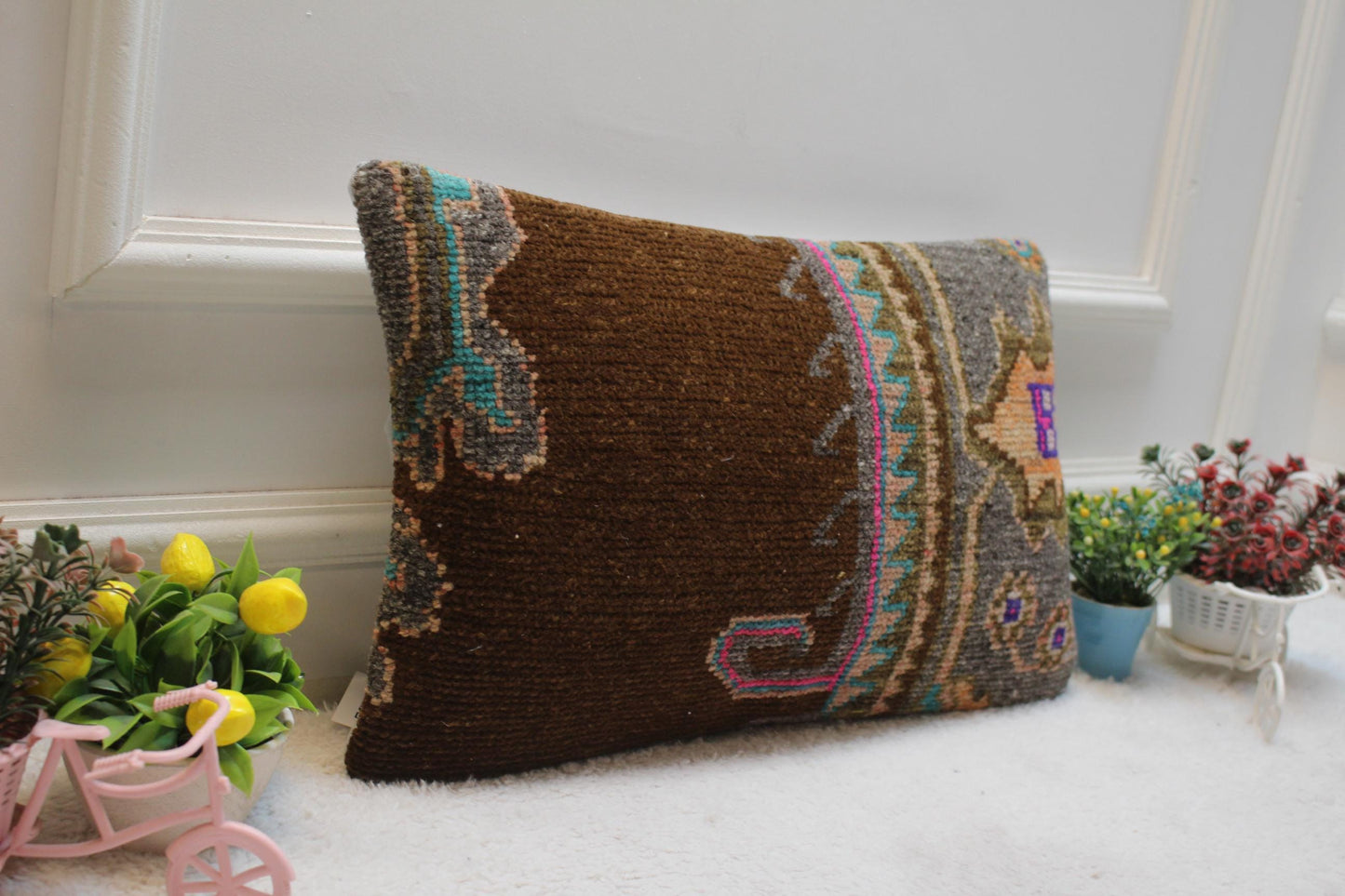 Vintage Turkish Rug Lumbar Pillow Cover: Handmade Wool Kilim, 12x20 inch