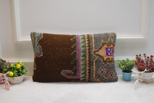 Vintage Turkish Rug Lumbar Pillow Cover: Handmade Wool Kilim, 12x20 inch