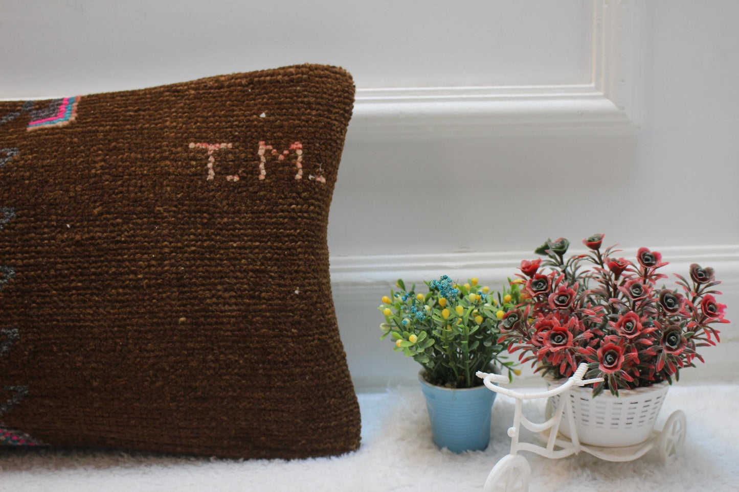 Handmade Turkish Rug Lumbar Pillow Cover: Brown Woven Wool, 12x20 inc