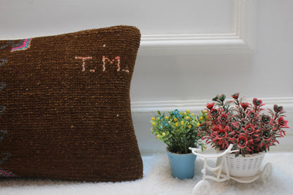 Handmade Turkish Rug Lumbar Pillow Cover: Brown Woven Wool, 12x20 inc