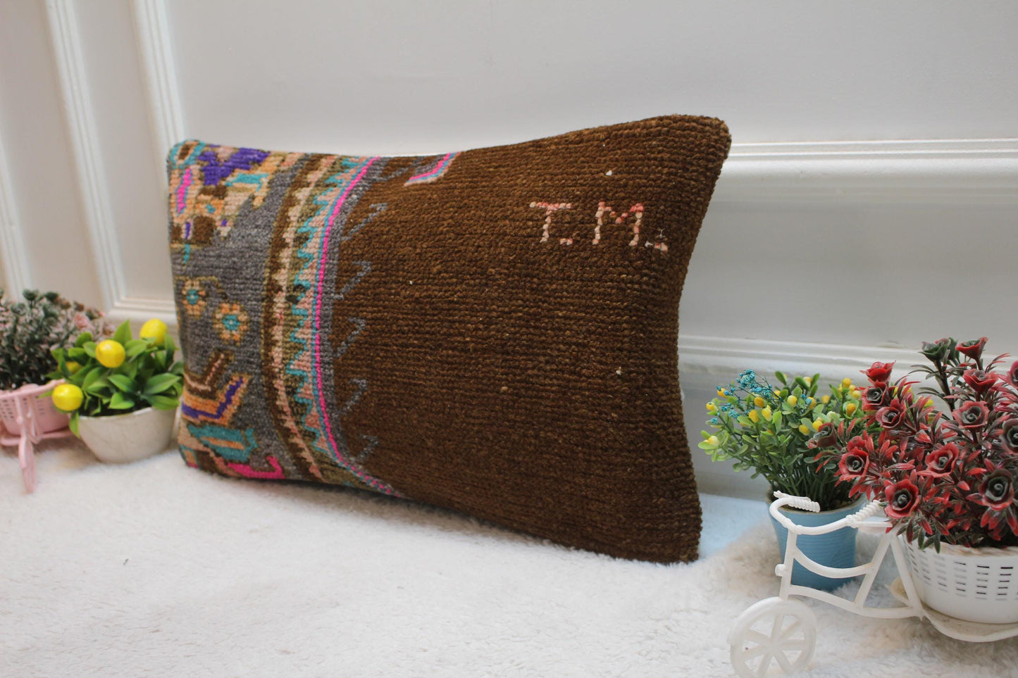 Handmade Turkish Rug Lumbar Pillow Cover: Brown Woven Wool, 12x20 inc