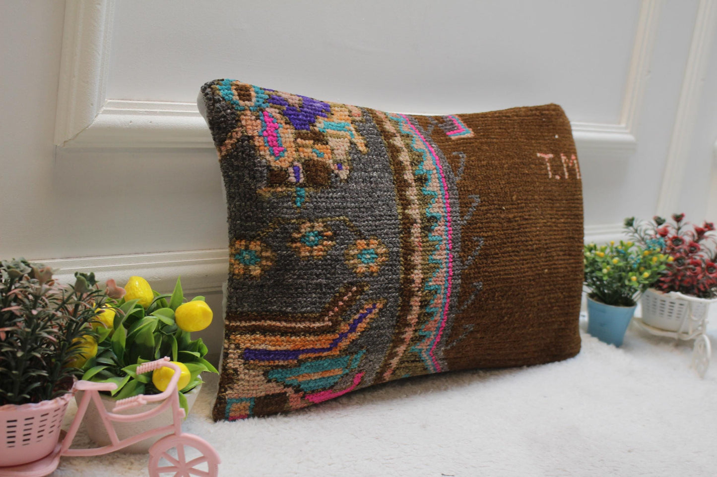 Handmade Turkish Rug Lumbar Pillow Cover: Brown Woven Wool, 12x20 inc