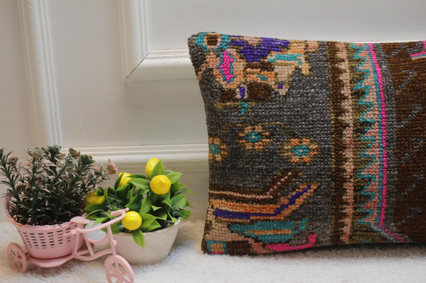 Handmade Turkish Rug Lumbar Pillow Cover: Brown Woven Wool, 12x20 inc