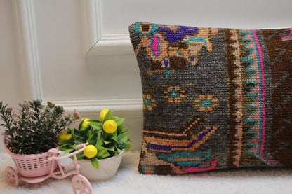 Handmade Turkish Rug Lumbar Pillow Cover: Brown Woven Wool, 12x20 inc