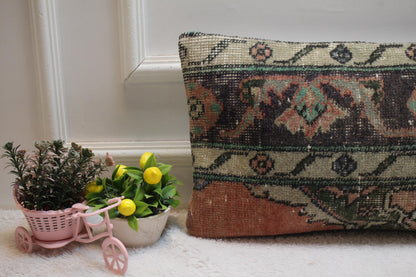 Handmade Turkish Rug Lumbar Pillow Cover: Upcycled Kilim, 12x20 inch