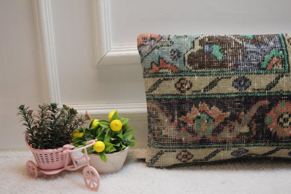 Floral Kilim Lumbar Pillow Cover: Handmade Turkish Rug, 12x20 inch