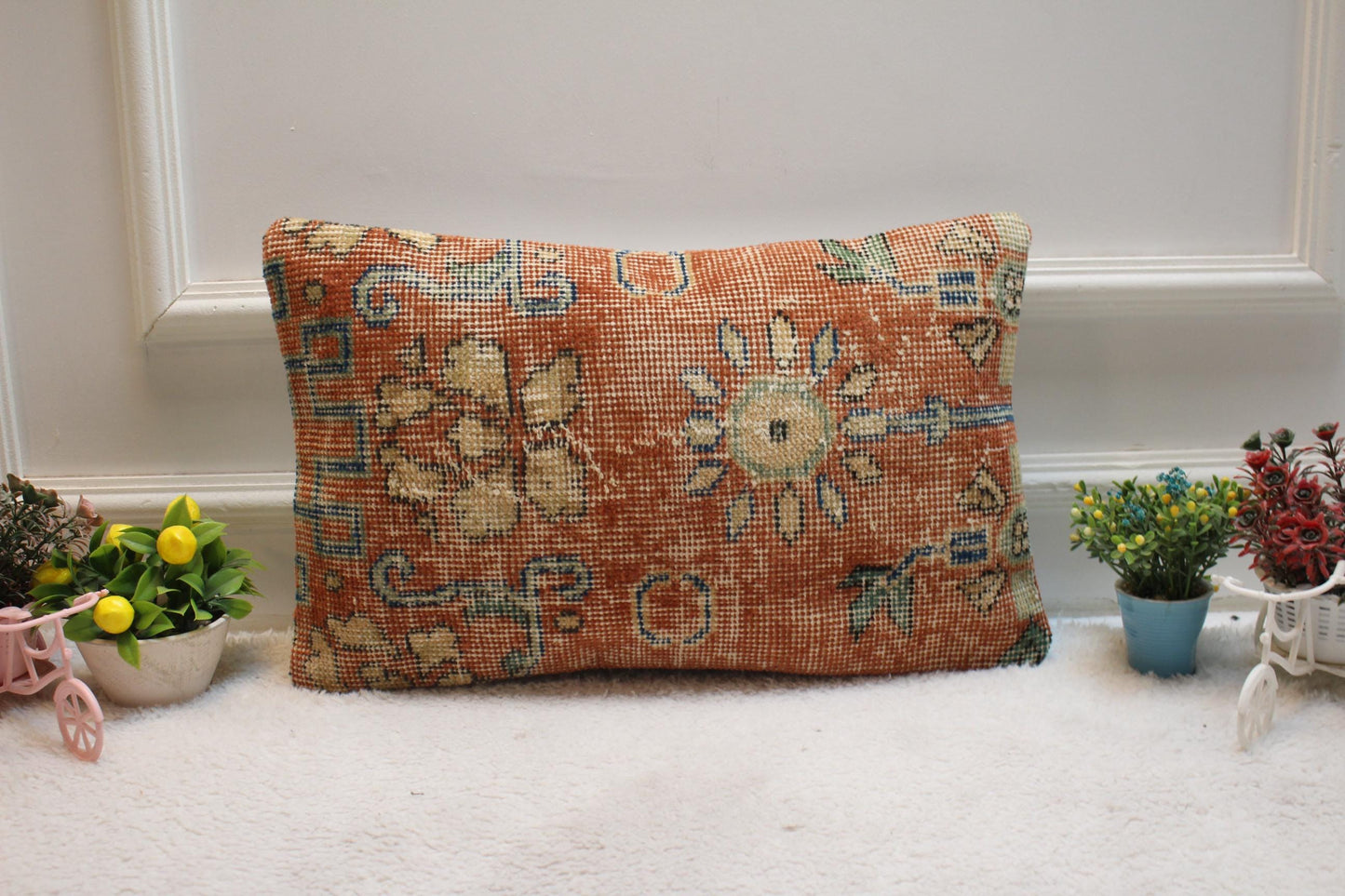 Red Vintage Turkish Rug Lumbar Pillow Cover: Handmade Wool (12x20 inc)