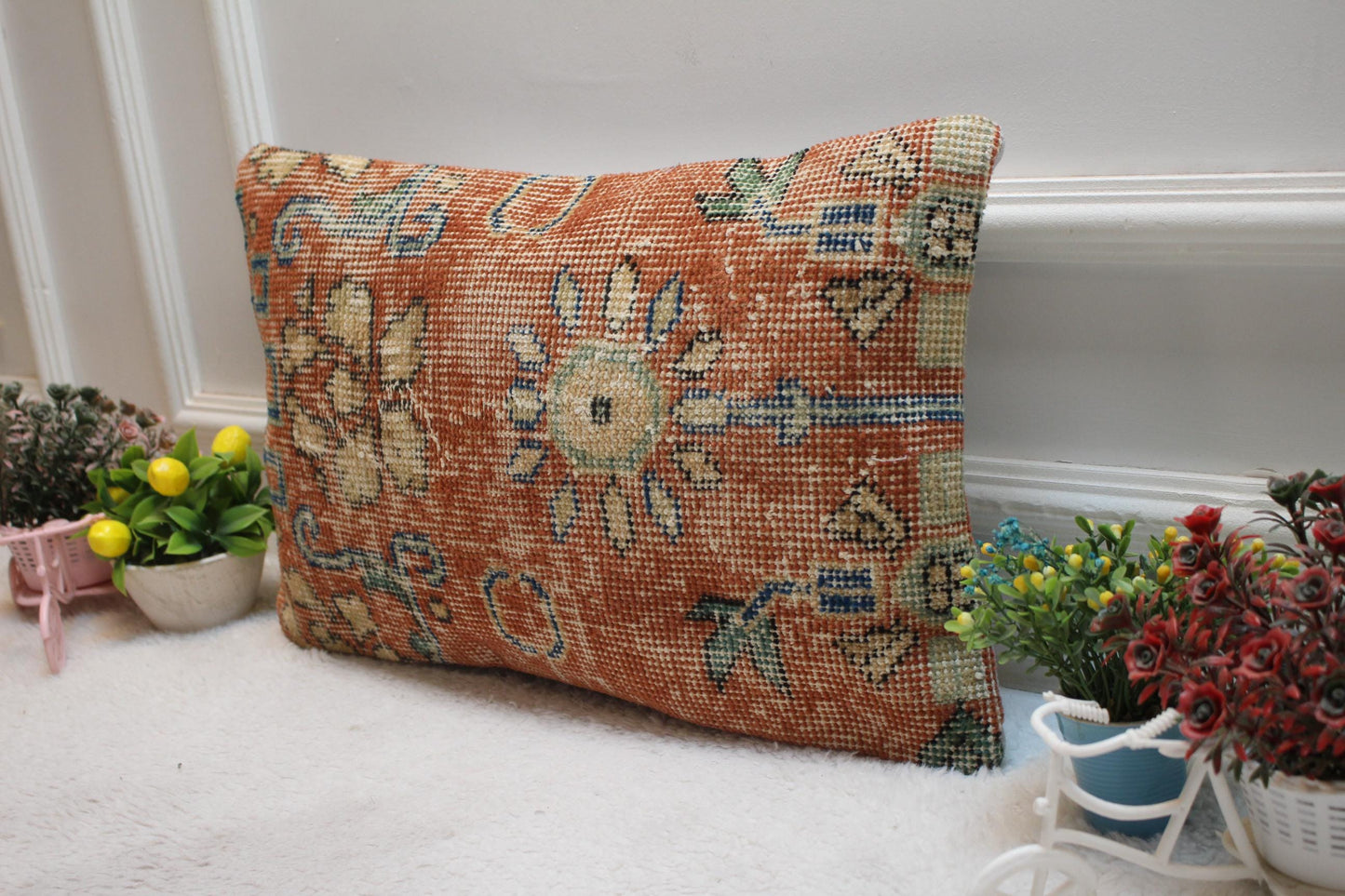 Red Vintage Turkish Rug Lumbar Pillow Cover: Handmade Wool (12x20 inc)