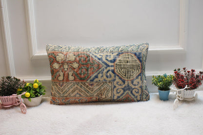 Geometric Turkish Rug Lumbar Pillow Cover: Vintage Handmade Wool (12x20 in)