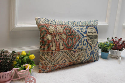 Geometric Turkish Rug Lumbar Pillow Cover: Vintage Handmade Wool (12x20 in)