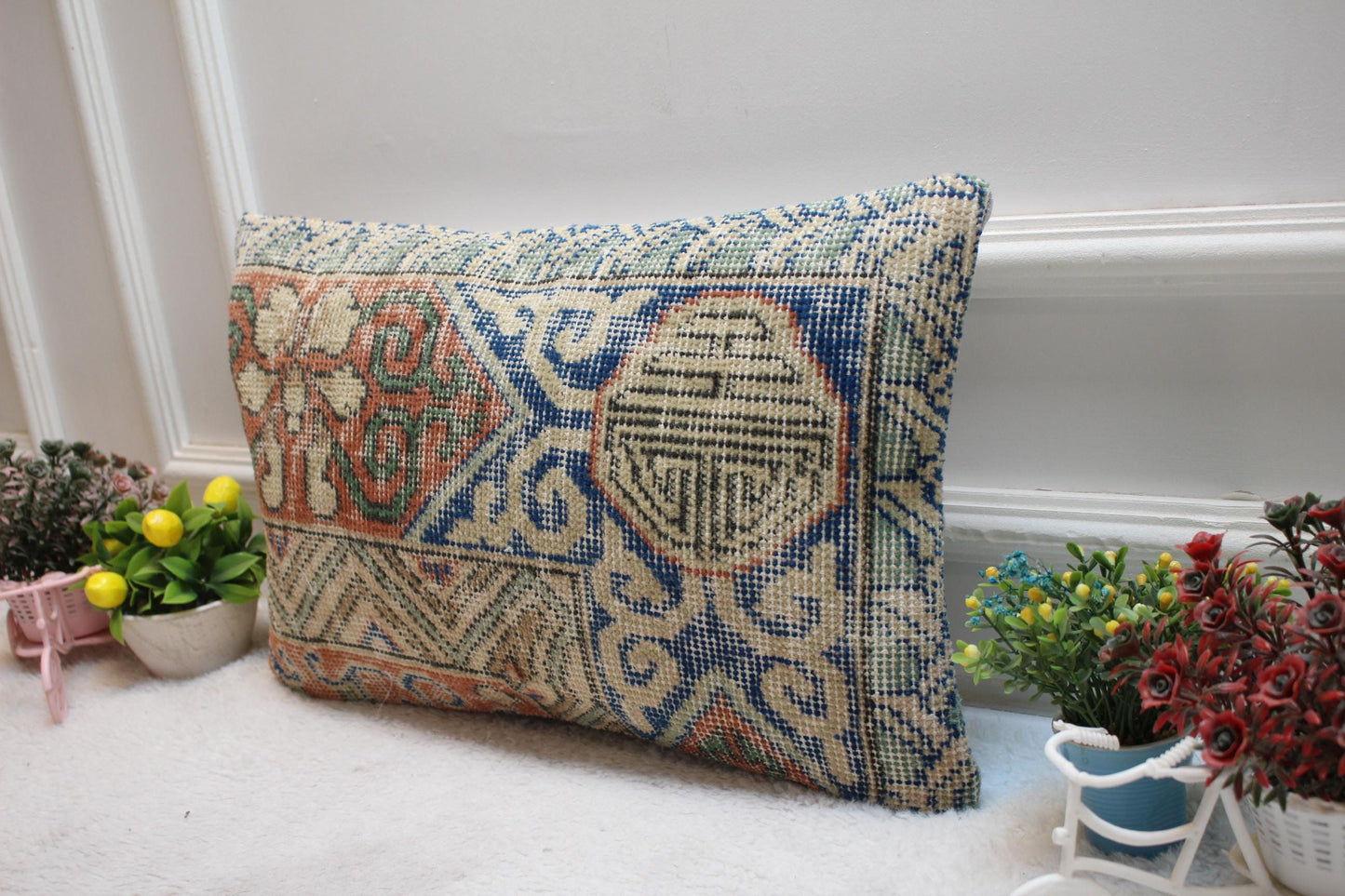 Geometric Turkish Rug Lumbar Pillow Cover: Vintage Handmade Wool (12x20 in)