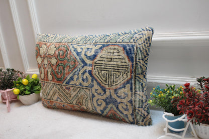 Geometric Turkish Rug Lumbar Pillow Cover: Vintage Handmade Wool (12x20 in)