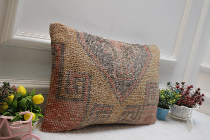 Handmade Lumbar Kilim Pillow Cover: Vintage Turkish Rug, 12x20 inch