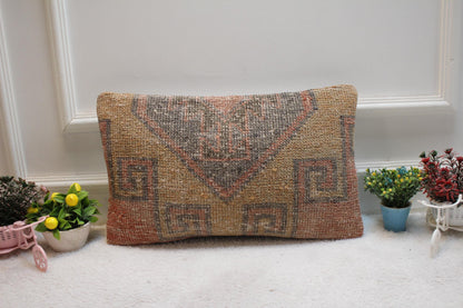 Handmade Lumbar Kilim Pillow Cover: Vintage Turkish Rug, 12x20 inch