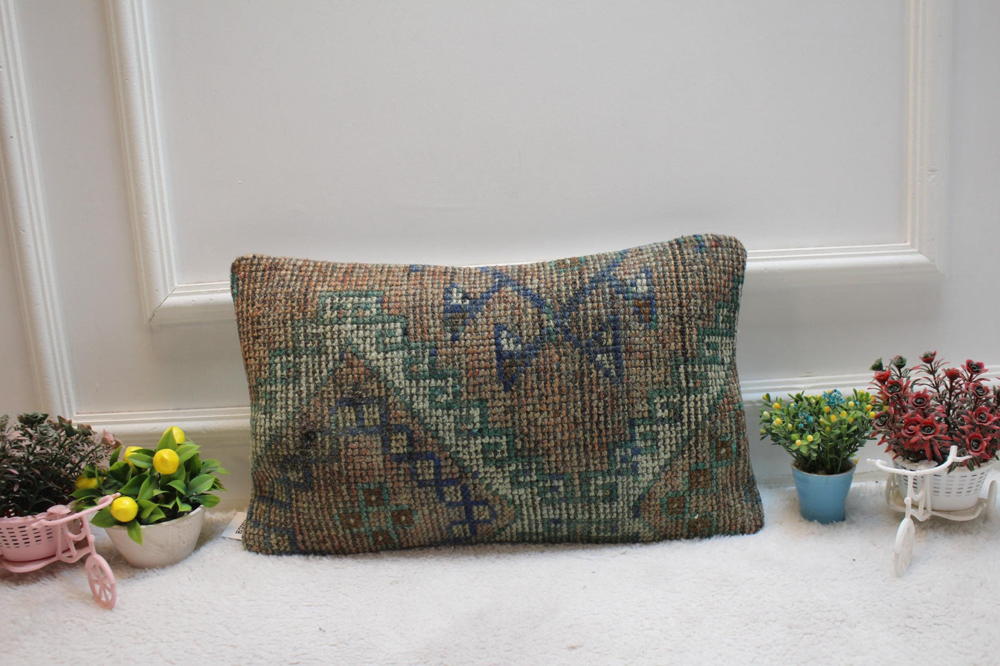 Handmade Wool Kilim Lumbar Pillow Cover: Upcycled Turkish Rug, 12x20 inch