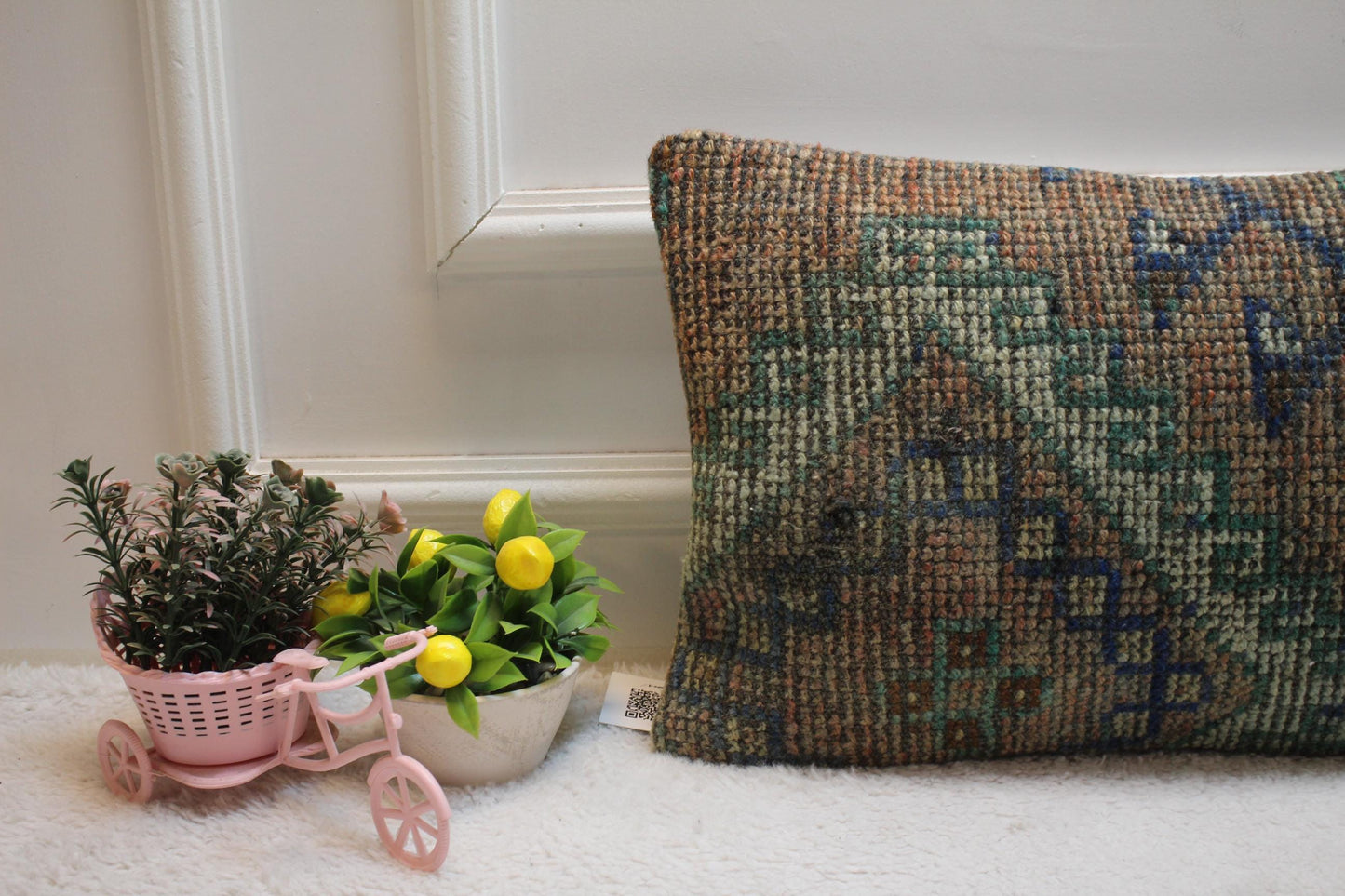 Handmade Wool Kilim Lumbar Pillow Cover: Upcycled Turkish Rug, 12x20 inch