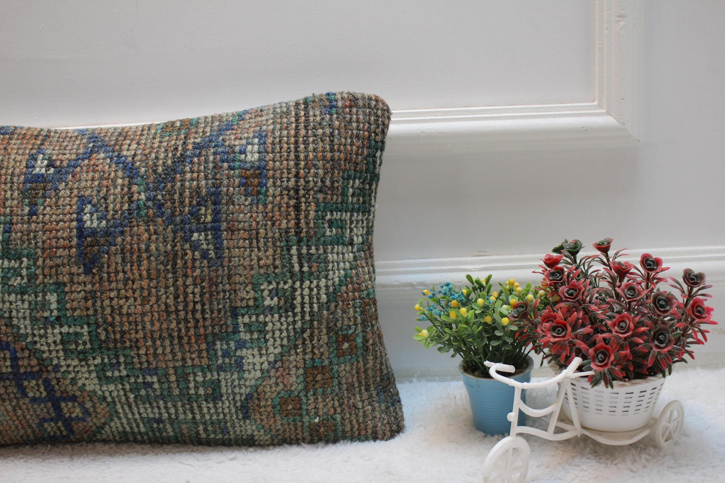 Handmade Wool Kilim Lumbar Pillow Cover: Upcycled Turkish Rug, 12x20 inch
