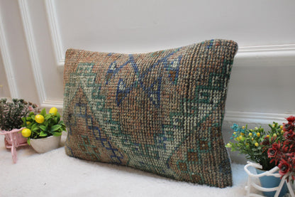 Handmade Wool Kilim Lumbar Pillow Cover: Upcycled Turkish Rug, 12x20 inch