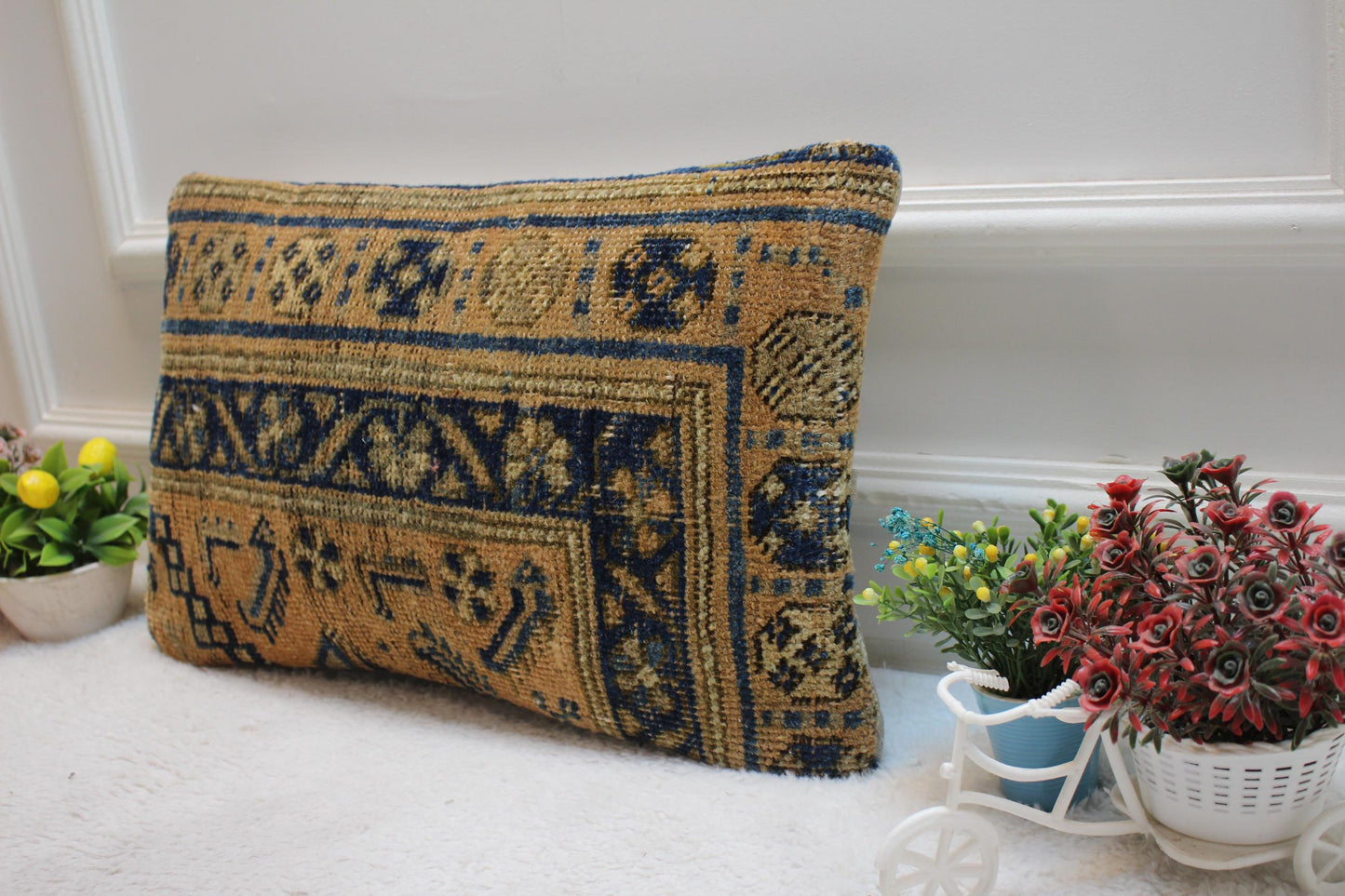 Handmade Kilim Lumbar Pillow Cover: Upcycled Rug Pillow, 12x20 inch