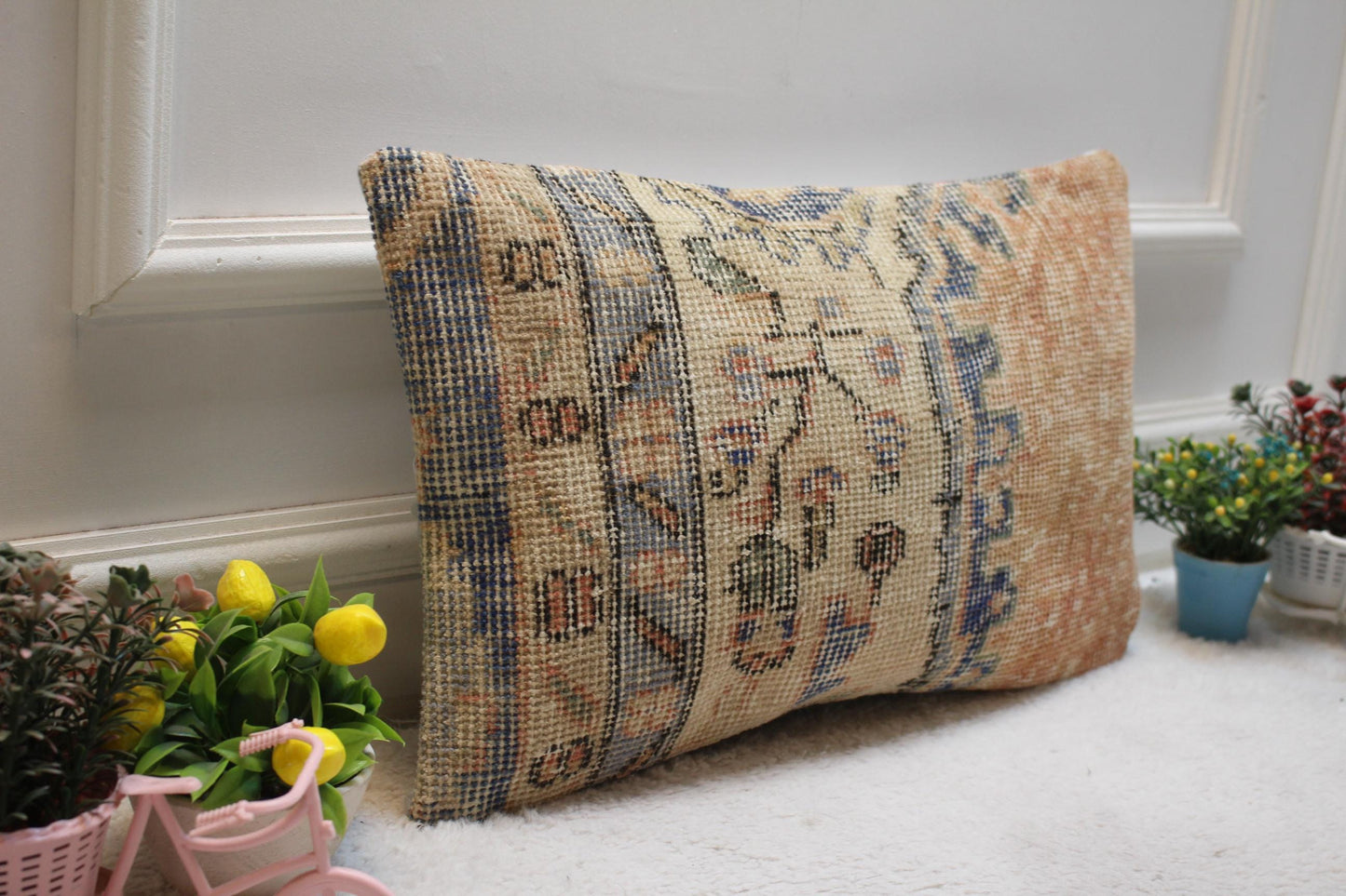Handmade Orange Turkish Rug Lumbar Pillow Cover: Organic Wool (12x20 in)
