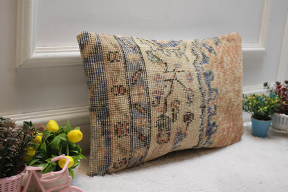 Handmade Orange Turkish Rug Lumbar Pillow Cover: Organic Wool (12x20 in)