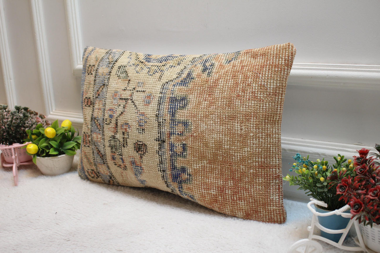 Handmade Orange Turkish Rug Lumbar Pillow Cover: Organic Wool (12x20 in)