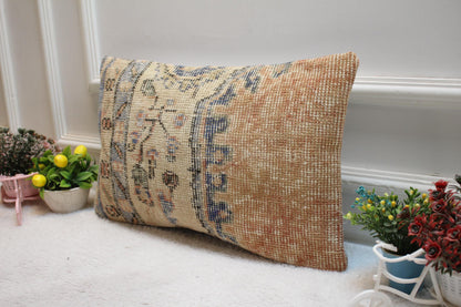 Handmade Orange Turkish Rug Lumbar Pillow Cover: Organic Wool (12x20 in)