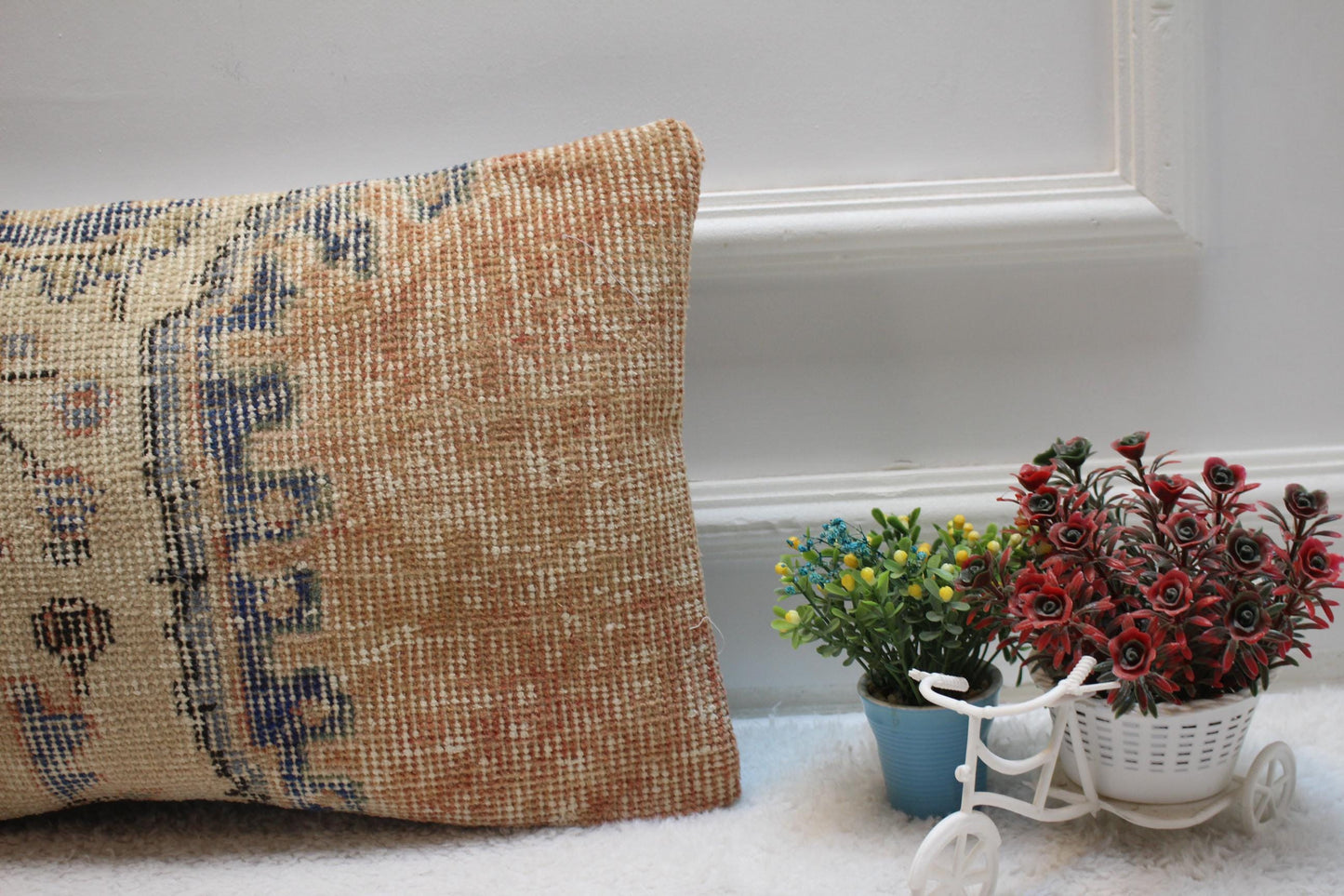 Handmade Orange Turkish Rug Lumbar Pillow Cover: Organic Wool (12x20 in)
