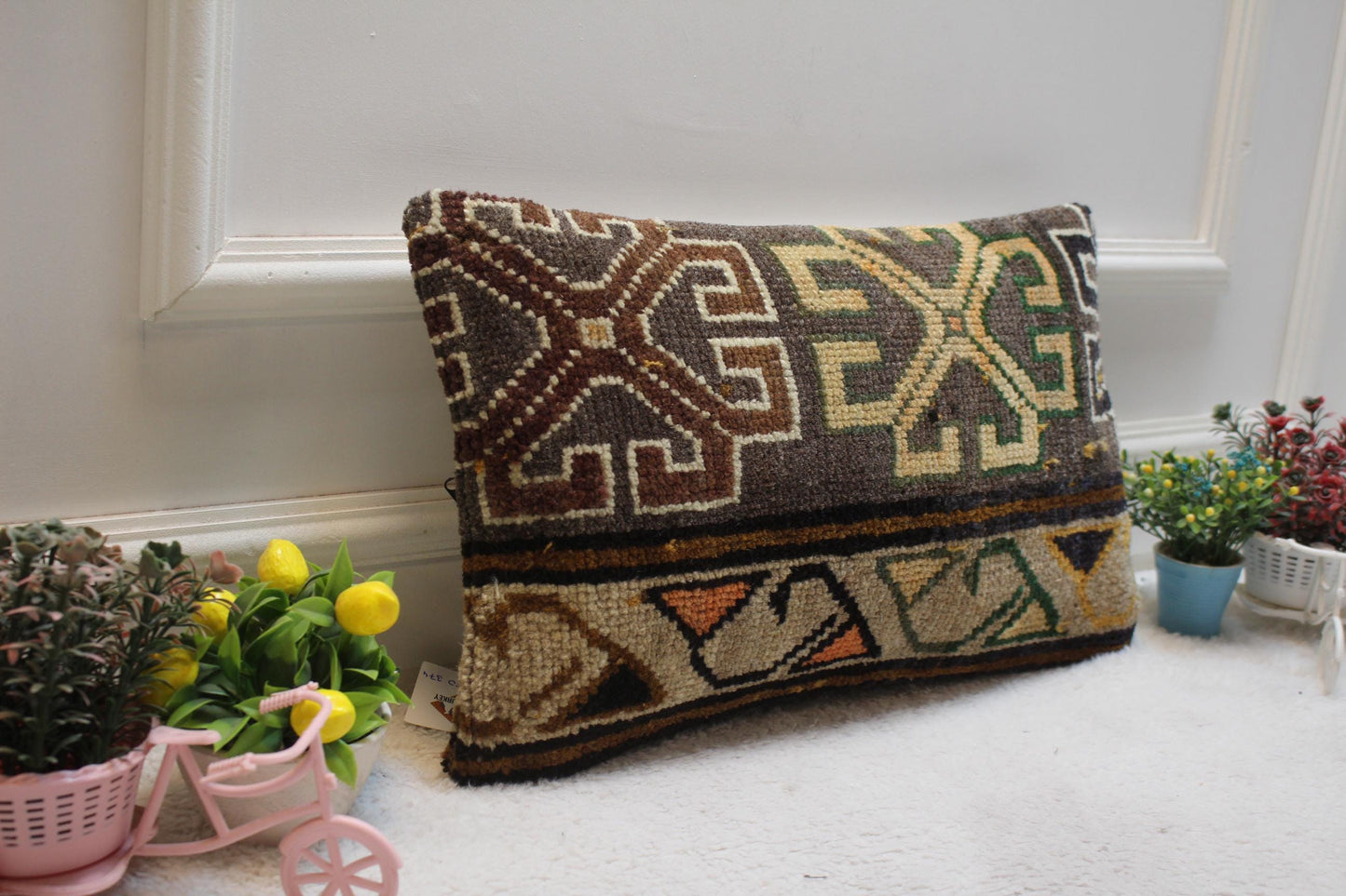 Gray Turkish Rug Lumbar Pillow Cover: Vintage Woven Wool (12x20 inc)