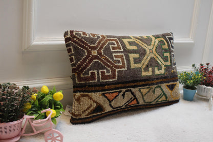 Gray Turkish Rug Lumbar Pillow Cover: Vintage Woven Wool (12x20 inc)