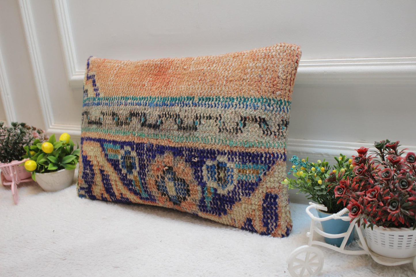 Orange Lumbar Pillow Cover: Vintage Turkish Rug, Handmade Kilim (12x20 in)
