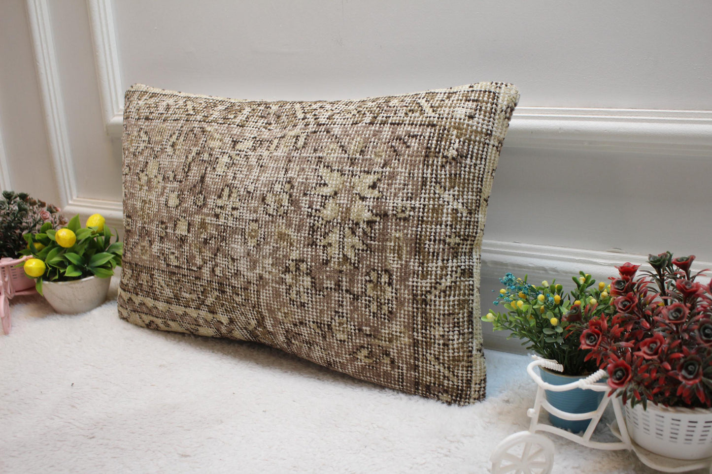 Brown Floral Lumbar Pillow Cover: Handmade Turkish Kilim Rug (12x20 in)