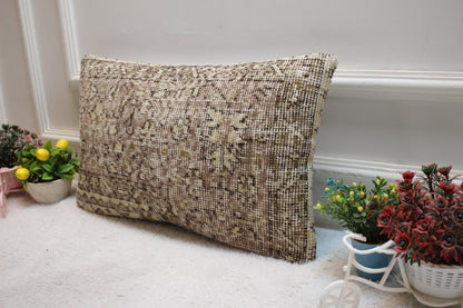 Brown Floral Lumbar Pillow Cover: Handmade Turkish Kilim Rug (12x20 in)