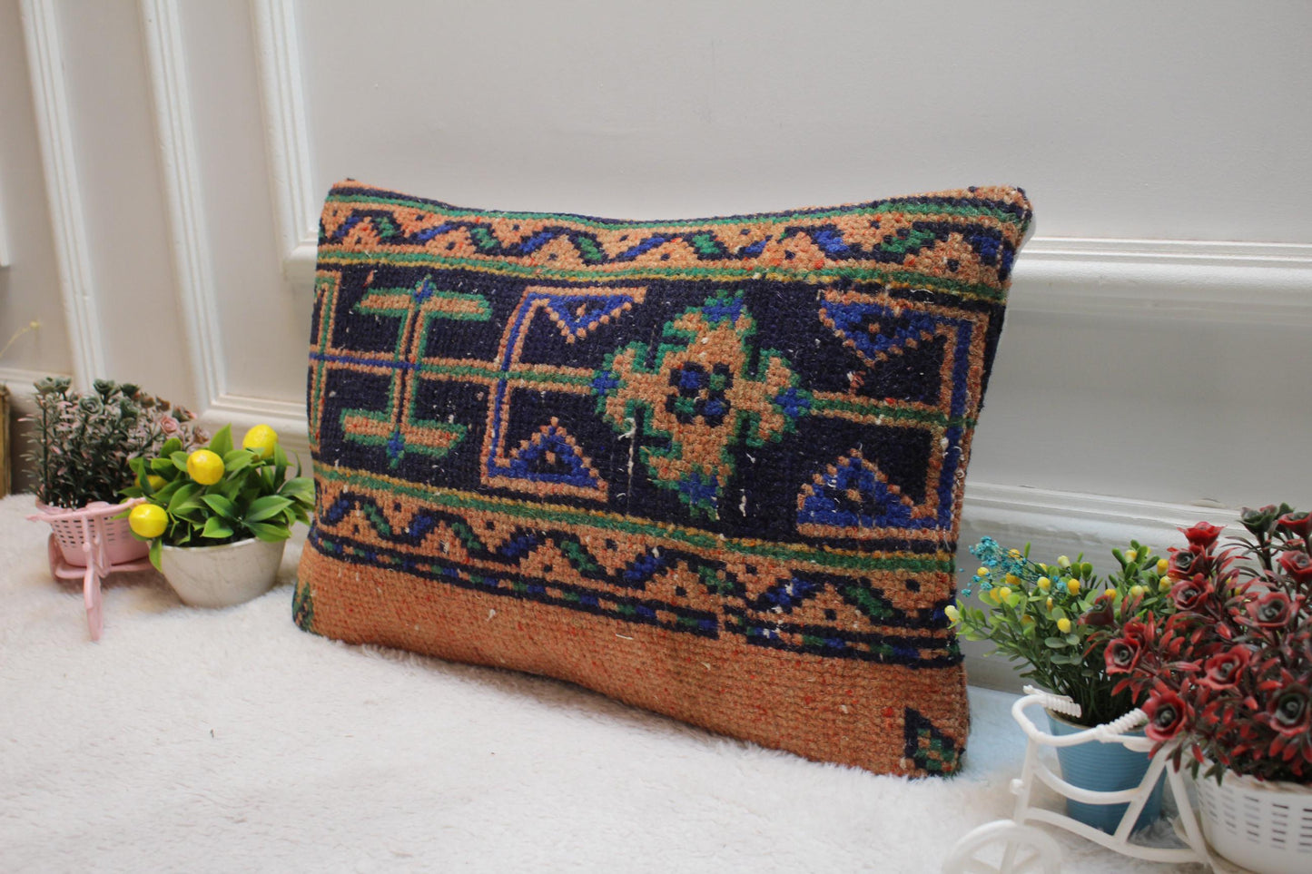 Orange Turkish Rug Lumbar Pillow: Vintage Woven Wool Case (12x20 in)