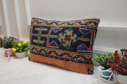Orange Turkish Rug Lumbar Pillow: Vintage Woven Wool Case (12x20 in)